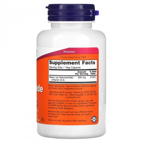 NOW Foods, никотинамид, 500 мг, 100 вегетарианских капсул NOW Foods, никотинамид, 500 мг, 100 вегетарианских капсул